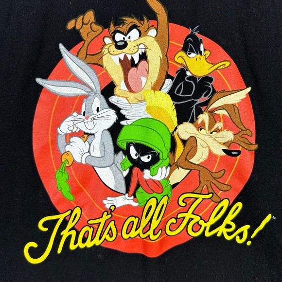 Looney Tunes Mens Large Black Graphic T-Shirt Thats All Folks Characters - Picture 3 of 6
